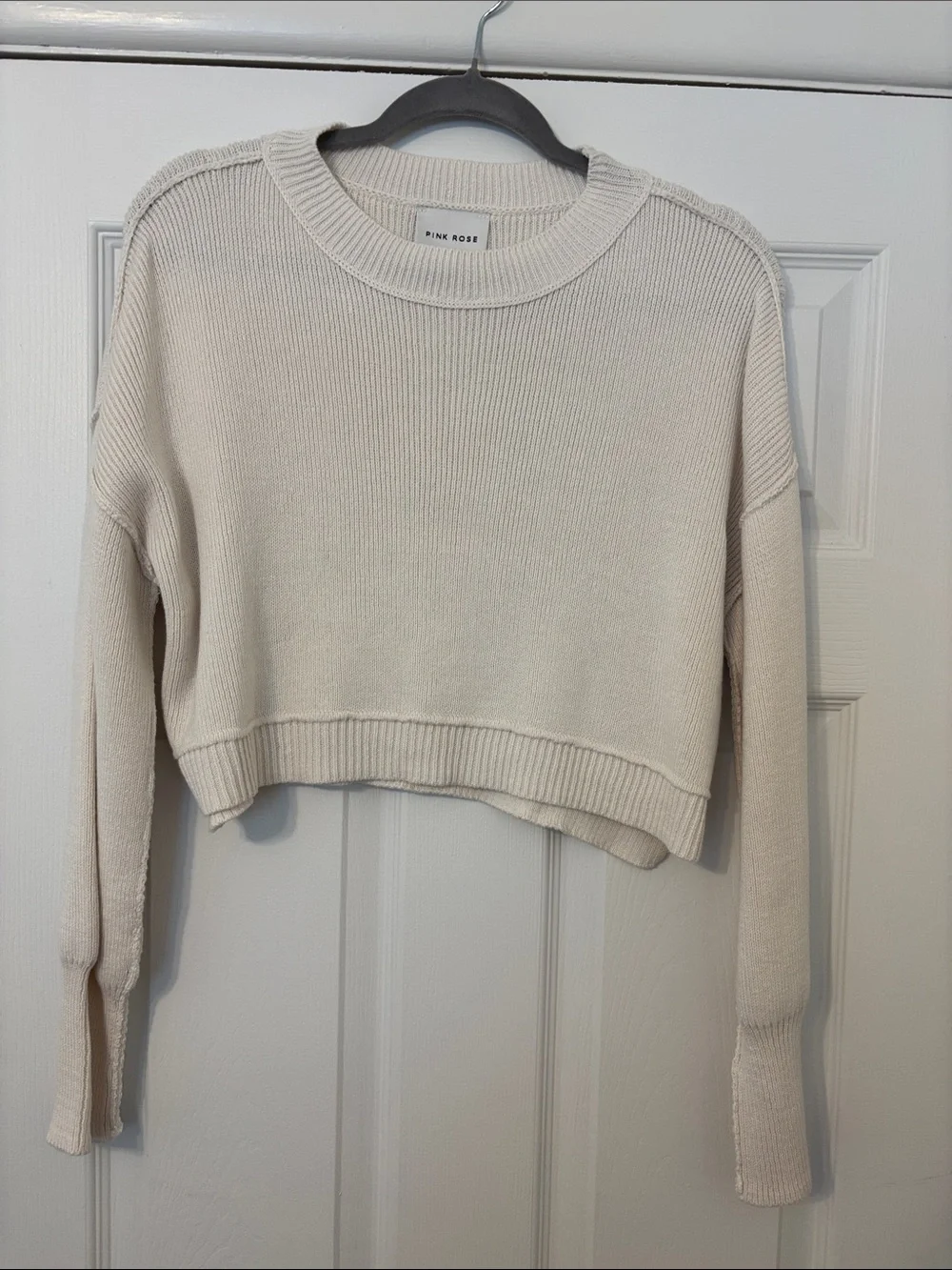 Pink Rose Ivory Cropped Crewneck Sweater